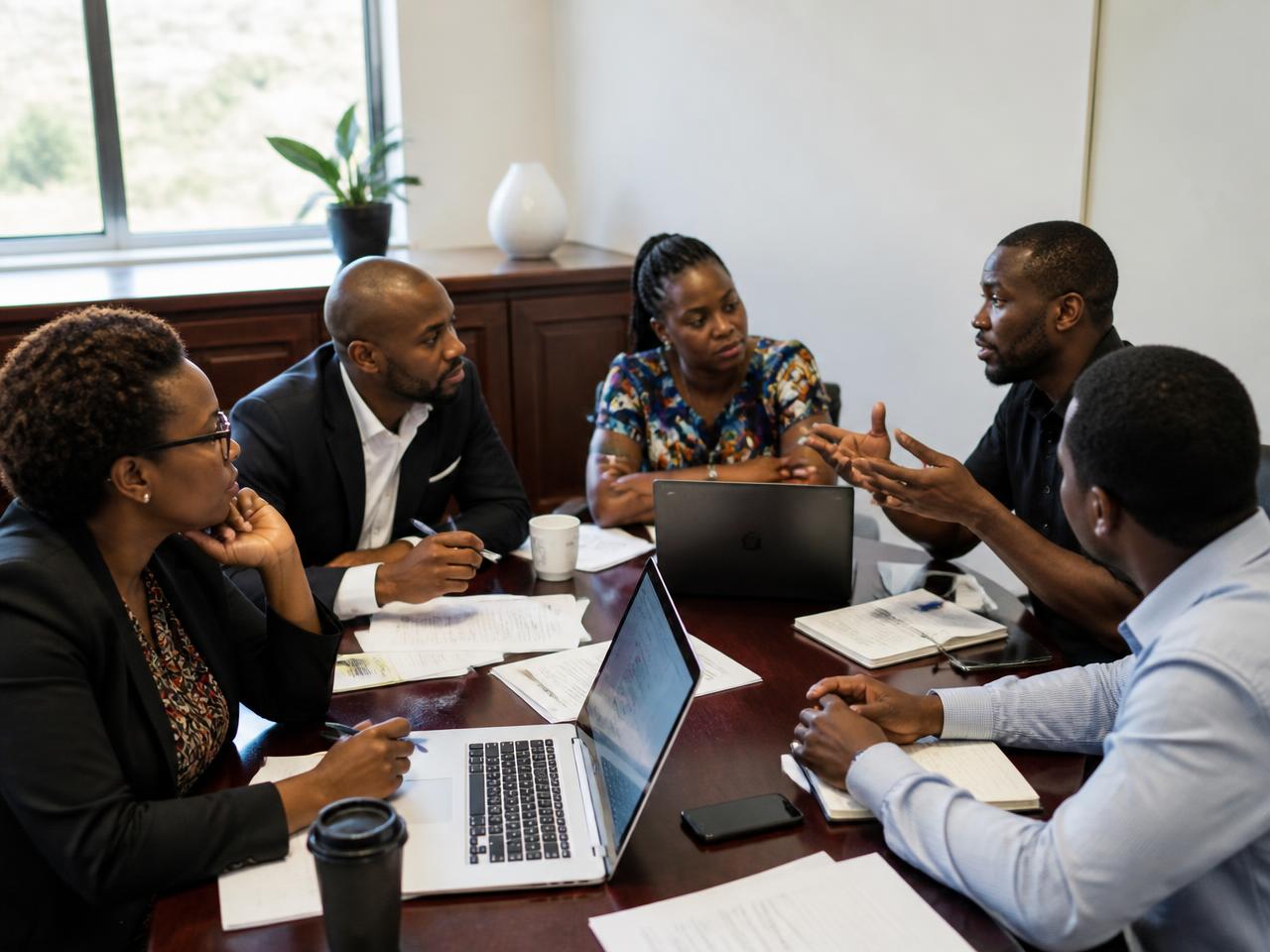 A board and staff team in discussion around a meeting table