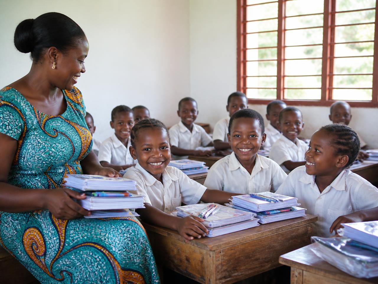 A teacher handing out new books to smiling pupils in a classroom