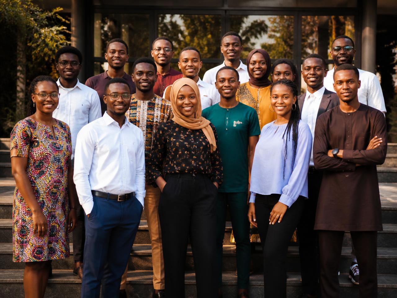 A cohort of young African changemakers standing together outdoors