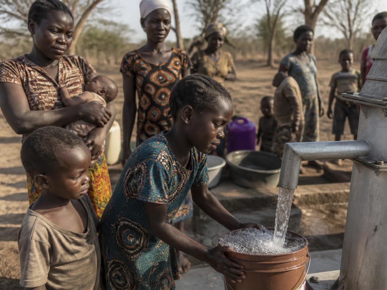Women and children collecting clean water from a community borehole