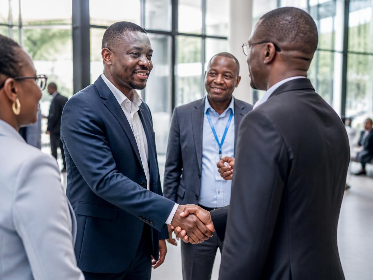 Executives shaking hands at the start of a partnership meeting