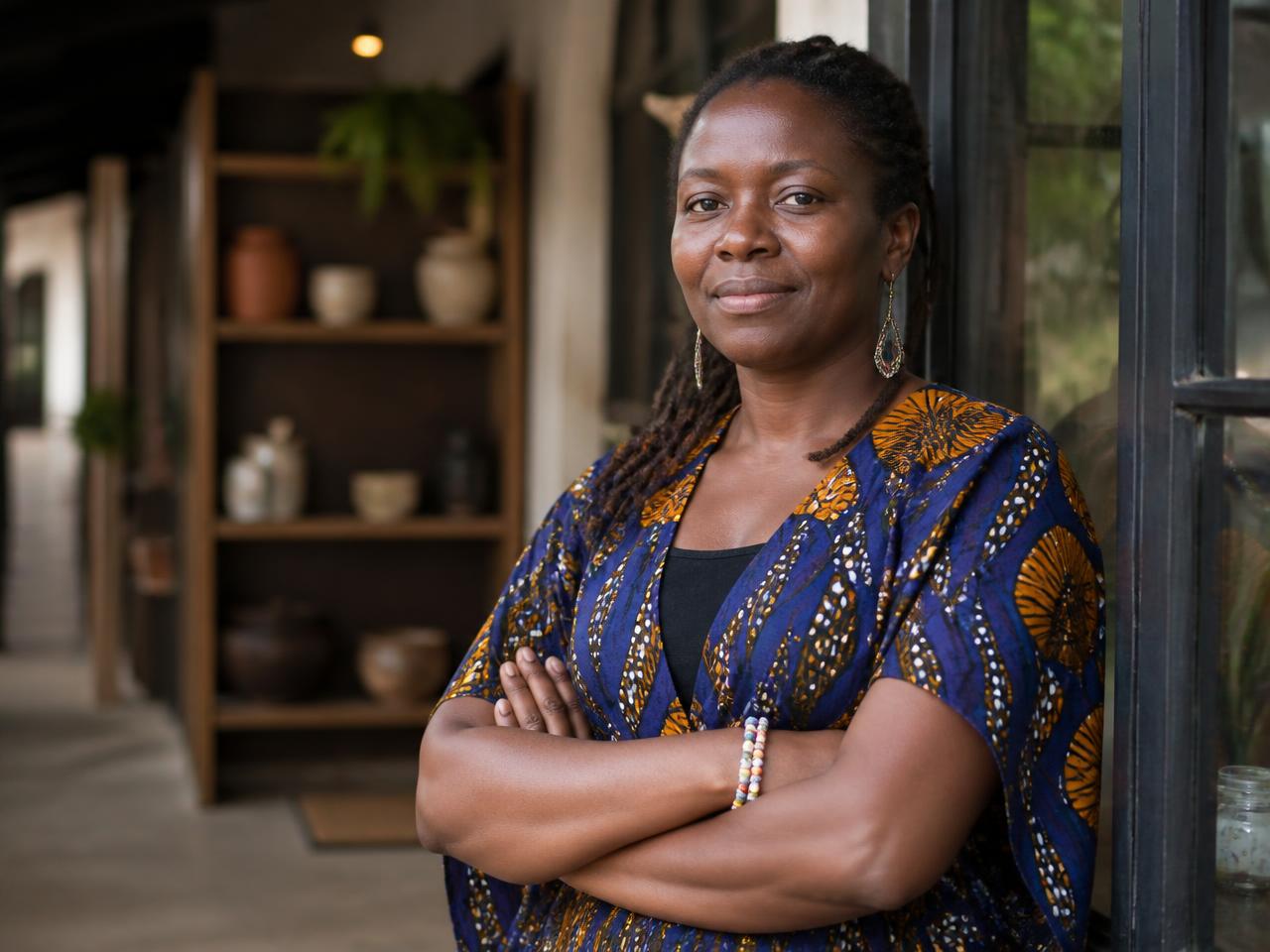 Portrait of a woman entrepreneur standing at her business premises